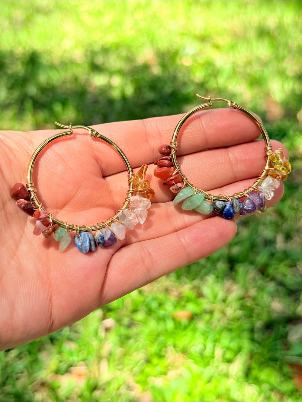 Gold Hoop Earrings with Multicolor Gemstone Chips